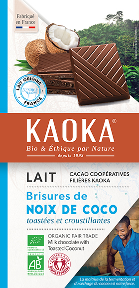 Tablette de chocolat au lait à la noix de coco bio equitable Kaoka