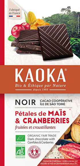 Tablette de chocolat noir pétales de mais et cranberries bio equitable Kaoka