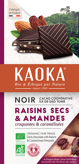 Tablette de chocolat noir aux raisins & amandes bio equitable Kaoka