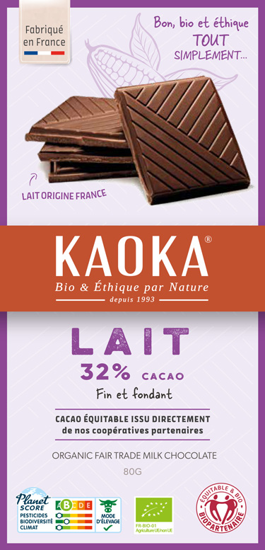 Chocolat au lait 32% cacao, chocolat bon, bio, éthique tout simplement