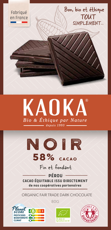 Chocolat noir 58% cacao, chocolat bon, bio, éthique tout simplement