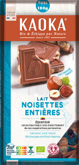 Chocolat au lait aux noisettes entières, chocolat bio et équitable