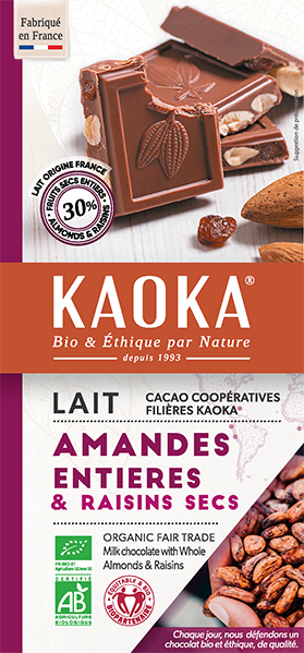 Tablette gourmande lait amandes entieres et raisins secs chocolat bio equitable kaoka
