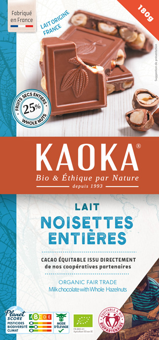 Chocolat au lait aux noisettes entières, chocolat bio et équitable