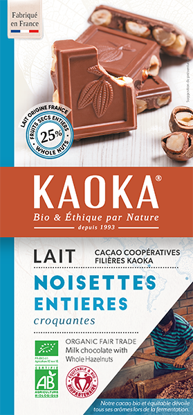 Tablette gourmande lait noisettes entieres chocolat bio equitable kaoka
