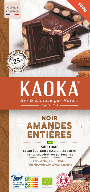 Chocolat noir aux amandes entières, chocolat bio et équitable