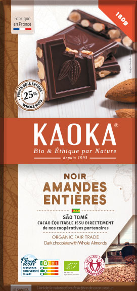 Chocolat noir aux amandes entières, cacao bio et équitable