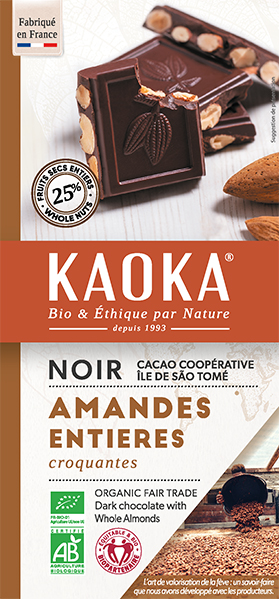 Tablette gourmande noir amandes entieres chocolat bio equitable kaoka