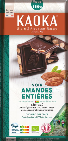 Chocolat noir aux amandes entières, cacao bio et équitable