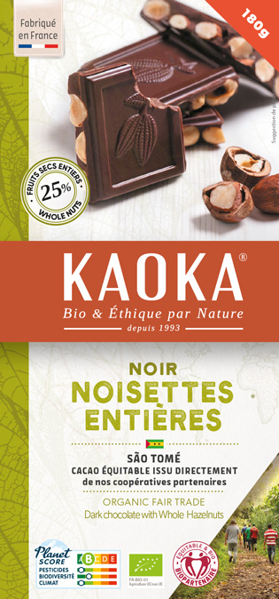 Chocolat noir aux noisettes entières, chocolat bio et équitable