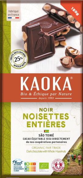 Chocolat noir aux noisettes entières, chocolat bio et équitable