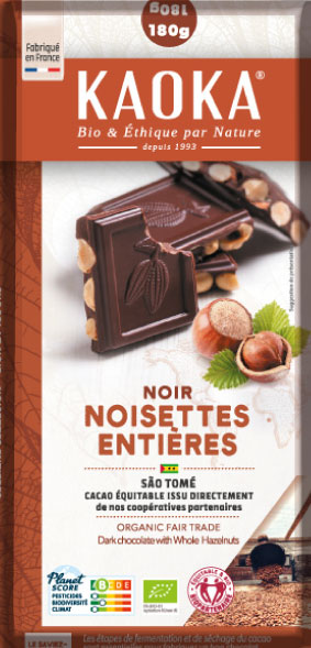 Chocolat noir aux noisettes entières, chocolat bio et équitable