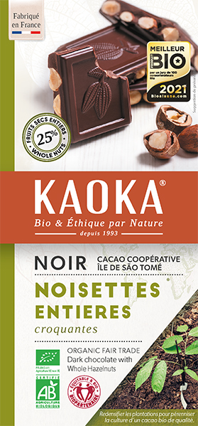 Tablette gourmande noir noisettes entieres chocolat bio equitable kaoka