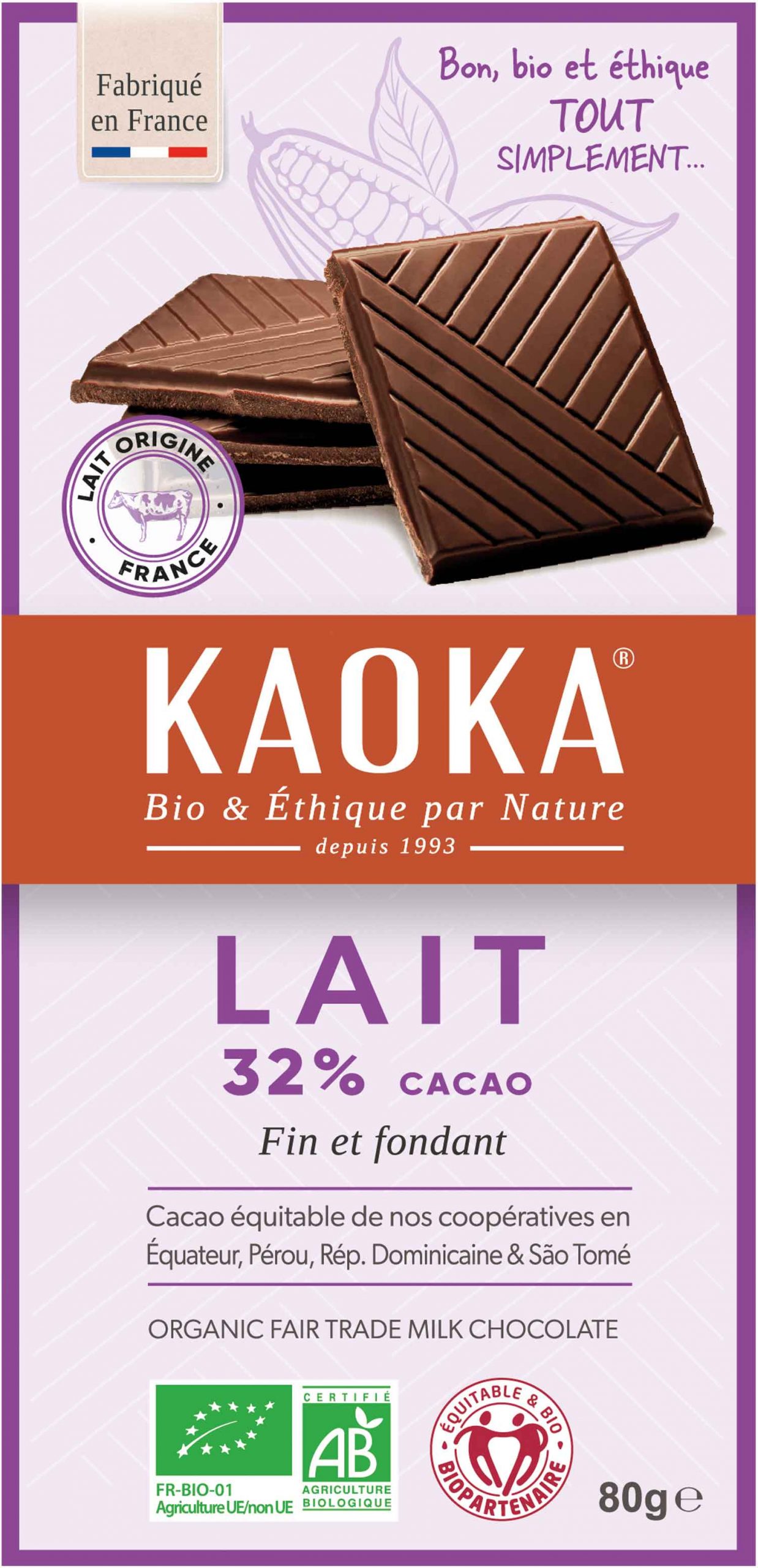 Tablette de chocolat au lait, simply milk Chocolat bio équitable français