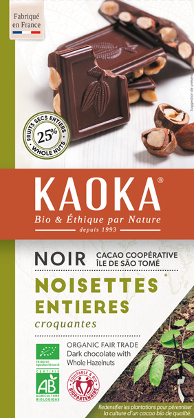 Tablette de chocolat noir aux noisettes entières bio équitable kaoka
