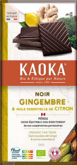 Chocolat noir au gingembre et à l'huile essentielle de citron, chocolat bio et équitable