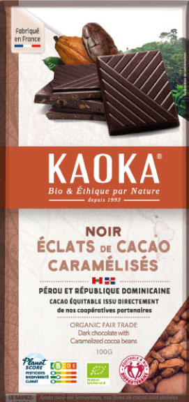 Chocolat noir aux éclats de cacao caramélisés, chocolat bio équitable