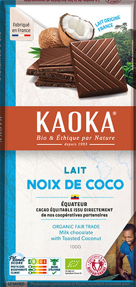 Chocolat au lait à la noix de coco, chocolat bio et équitable