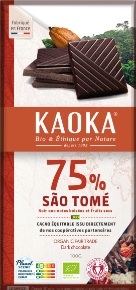 Chocolat Noir 75% cacao, origine São Tomé, chocolat bio et équitable
