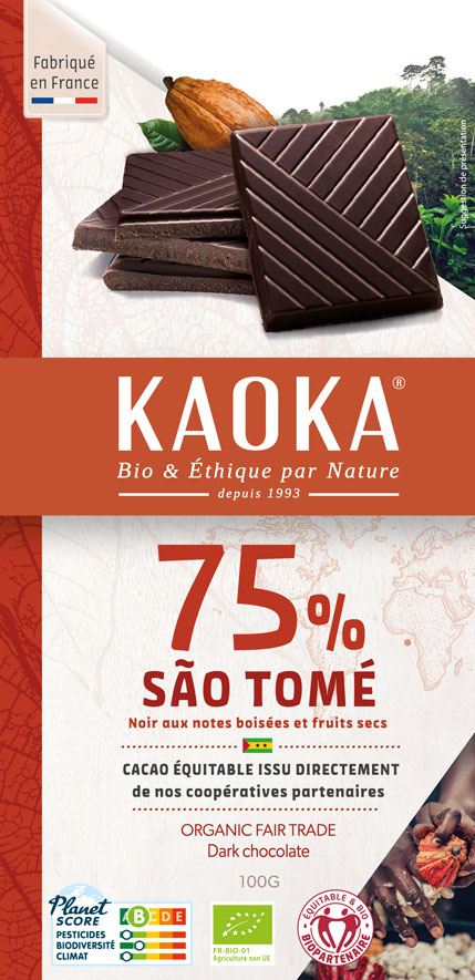 Chocolat Noir 75% cacao, origine São Tomé, chocolat bio et équitable