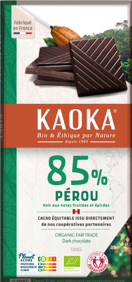 Chocolat Noir 85% cacao, origine Pérou, chocolat bio et équitable