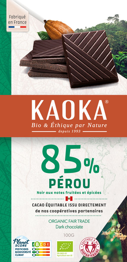 Chocolat Noir 85% cacao, origine Pérou, chocolat bio et équitable