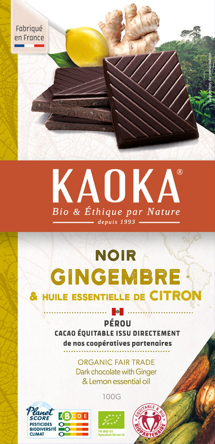 Chocolat noir au gingembre et à l'huile essentielle de citron, chocolat bio et équitable