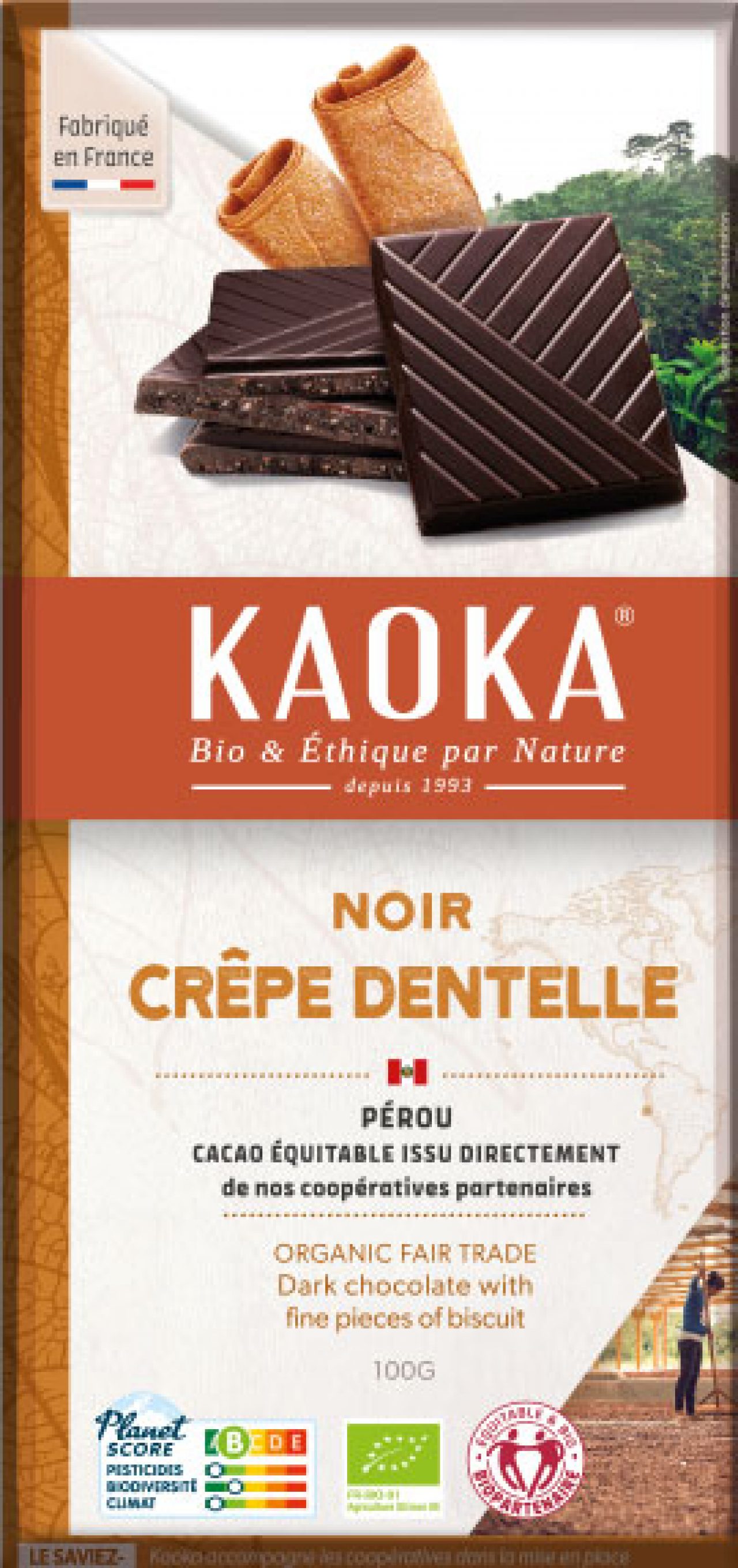 Kaoka Chocolat Noir Bio Equitable avec Brisures de Biscuits Crêpe Dentelle