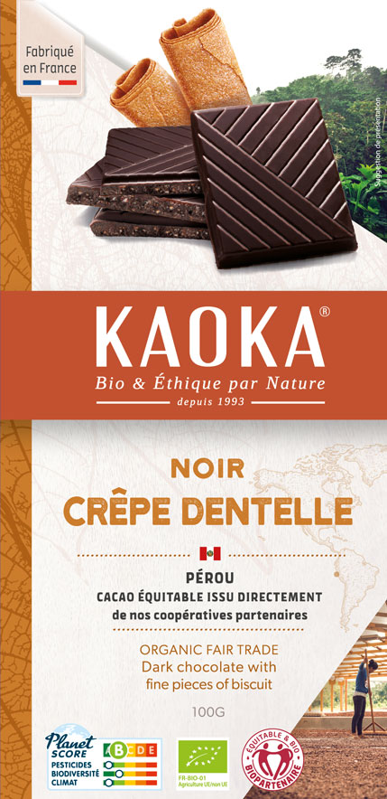 Chocolat noir à la crêpe dentelle, chocolat bio et équitable
