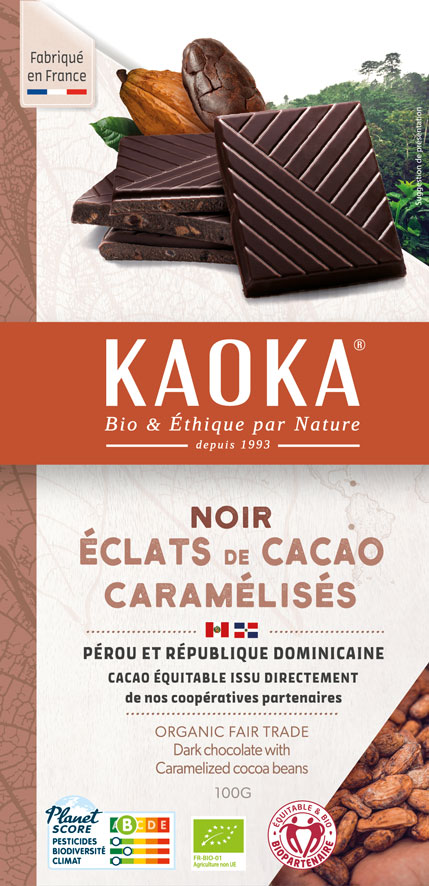 Chocolat noir aux éclats de cacao caramélisés, chocolat bio équitable