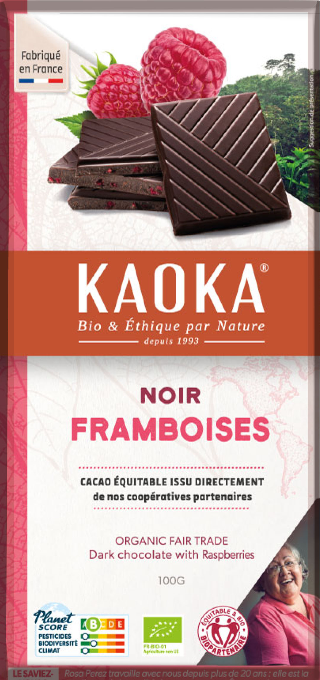 Tablette de chocolat noir aux framboises bio équitable Kaoka