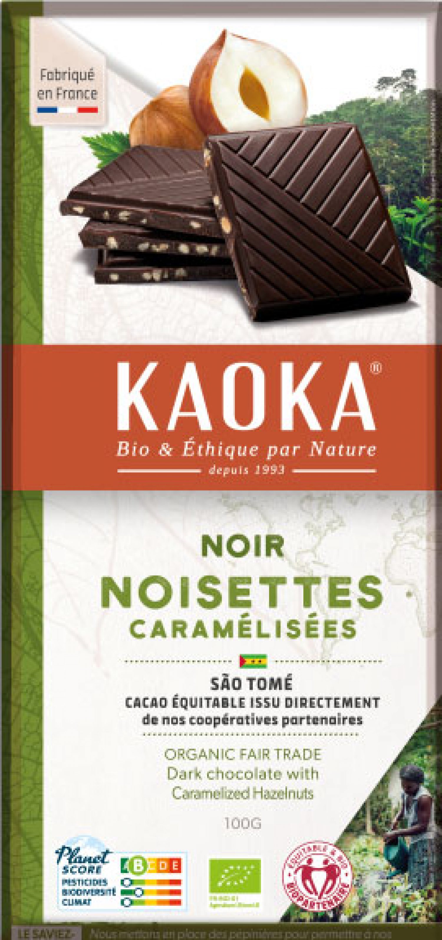 Kaoka Chocolat Noir 66 Bio Equitable avec Eclats de Noisettes