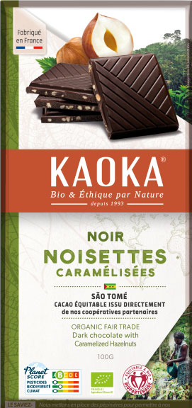 Chocolat noir aux éclats de noisettes caramélisés, chocolat bio et équitable