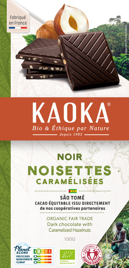 Chocolat noir aux éclats de noisettes caramélisés, chocolat bio et équitable