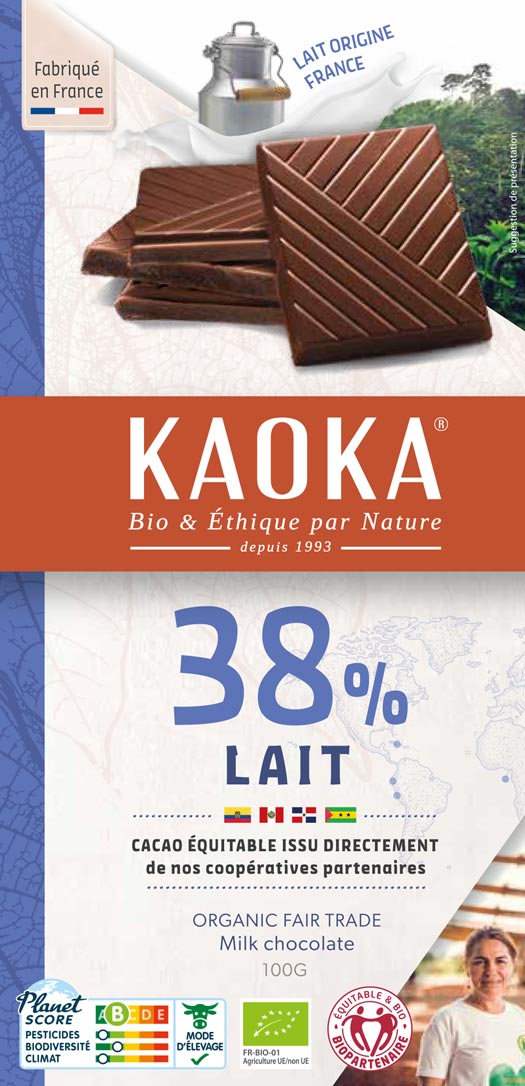 Tablette de Chocolat au lait 38% cacao, certifié bio et équitable