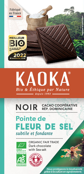 Tablette de chocolat noir à la fleur de sel. Chocolat bio équitable élu meilleur produit bio 2022