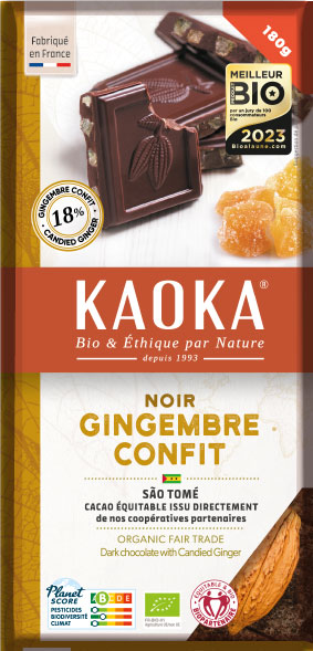 Chocolat noir gourmand aux cubes de gingembre confit, bio équitable