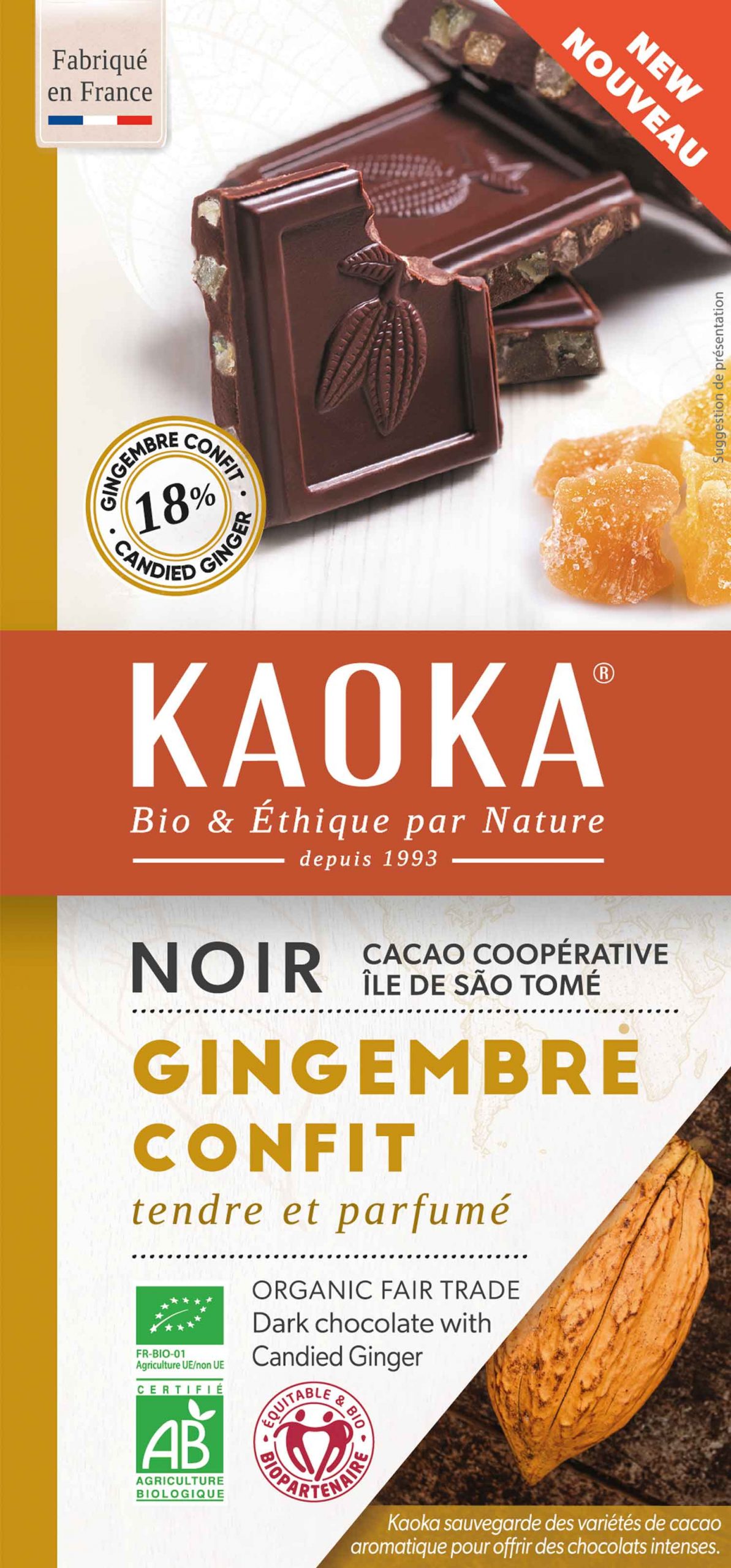 Tablette de chocolat noir au gingembre confir bio équitable