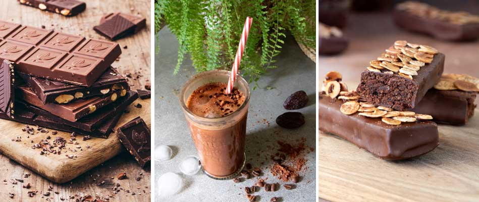Tablettes de chocolat bio et équitable, boisson chocolatée et financier au chocolat