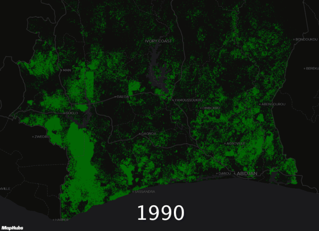Évolution de la perte du couvert forestier en Côte d'Ivoire de 1990 à 2015