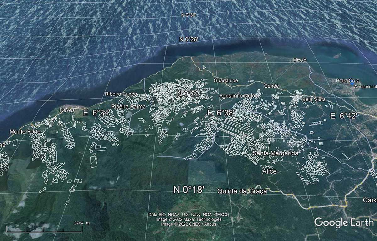 carte satellite des contours et des périmètres des plantations de cacao à São Tomé