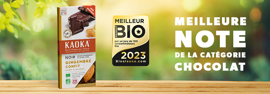 tablette de chocolat noir au gingembre confit élue meilleur produit bio de l'année 2023 avec la meilleure note