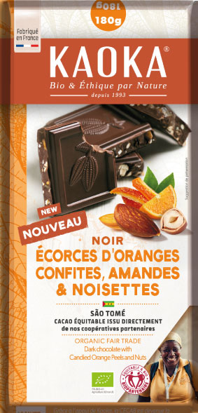 Tablette de chocolat noir gourmand aux écorces d'oranges confites et aux éclats d'amandes et noisettes