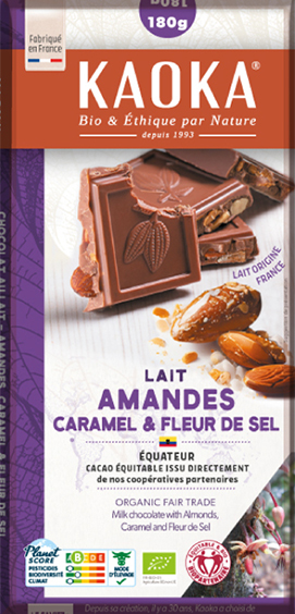 Tablette de chocolat au lait gourmande aux amandes, caramel et à la fleur de sel