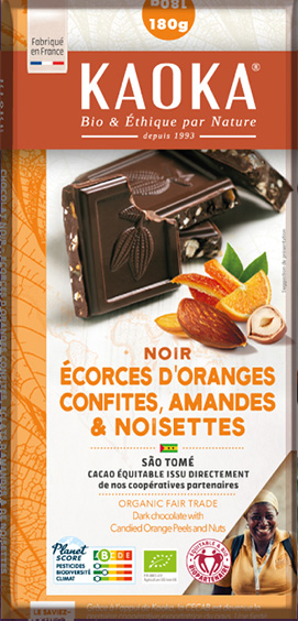 Tablette de chocolat noir gourmand aux écorces d'oranges confites et aux éclats d'amandes et noisettes