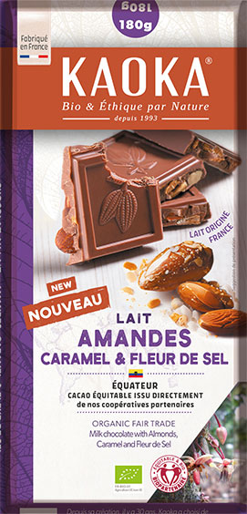 Tablette de chocolat au lait gourmande aux amandes, caramel et à la fleur de sel