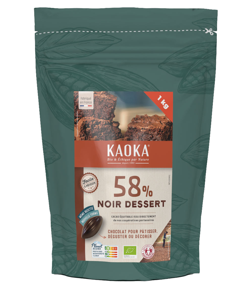 Palets moulés, chocolat noir 58% bio équitable, chocolat dessert, chocolat de couverture, 1 kg Kaoka