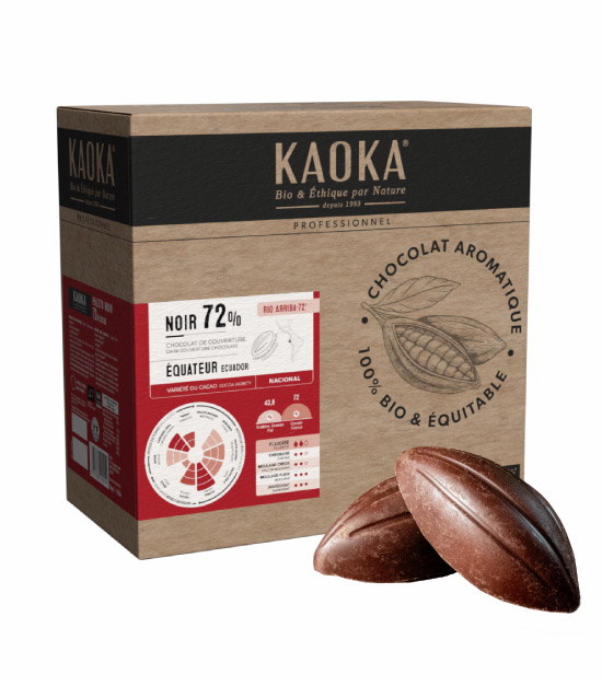 Carton de 5kg de chocolat de couverture noir 72% origine Equateur bio équitable de la marque Kaoka