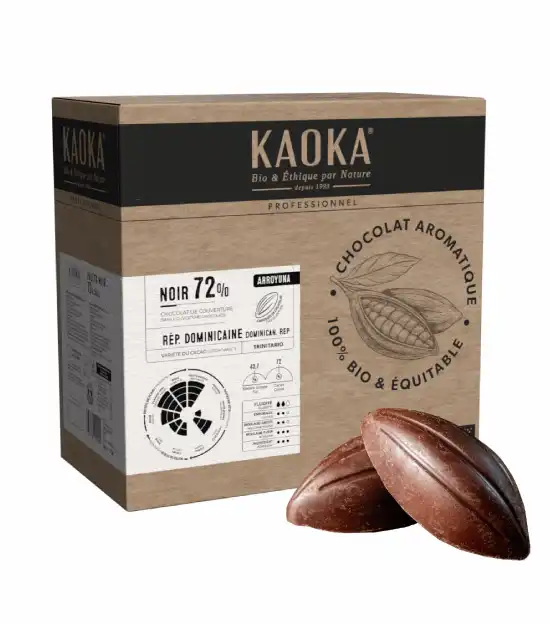 Carton de 5kg de chocolat de couverture noir 72% origine République Dominicaine bio équitable de la marque Kaoka