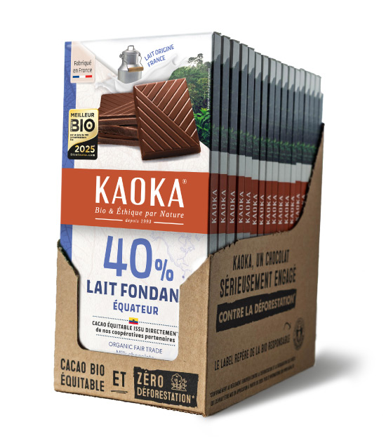 Carton complet de 17 tablettes de chocolat au lait 40% origine Équateur bio équitable de la marque Kaoka